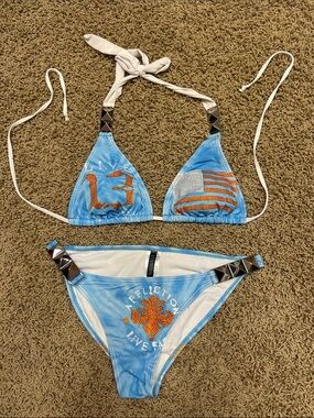 Affliction Blue and White Womens two-Piece Bikini with Orange Accents